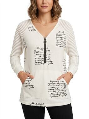 ChicMe Womens Long Sleeve Half Zip V-Neck Script Tunic Top White Size L